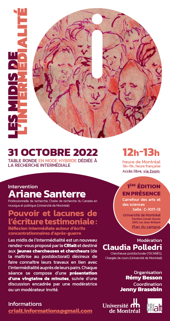 Les midis de l’intermédialité: «The power and shortcomings of testimonial writing: an intermediary reflection on post-war concentration camp writings», october 31, 12 to 1pm, bimodal event